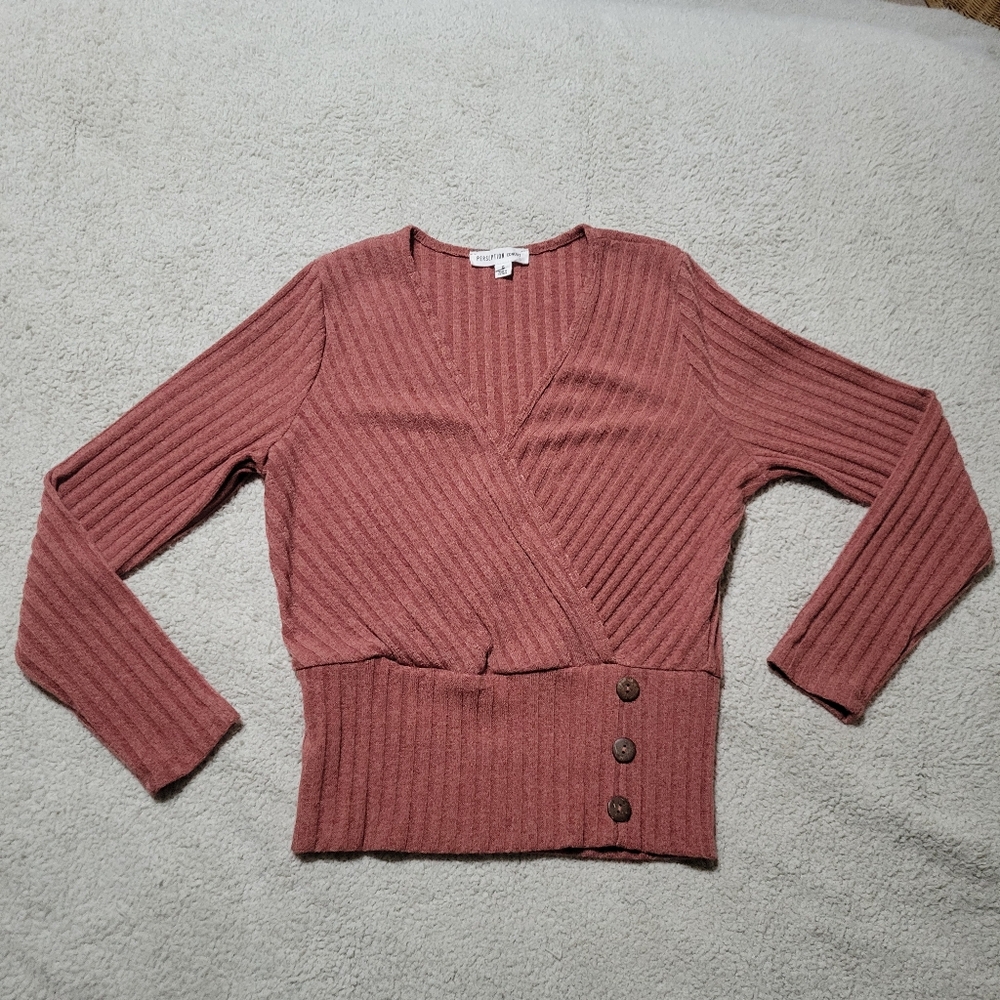 🌞Perseption Concepts V-Neck Ribbed Sweater in Dusty Rose -Size Small